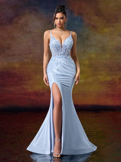 Light Blue Sequin Spaghetti - Strap Mermaid Gown, Open - Back Lacing Design, High - Slit Skirt, Ideal for Glamorous, Shining and Dreamy Occasions like Galas and Balls