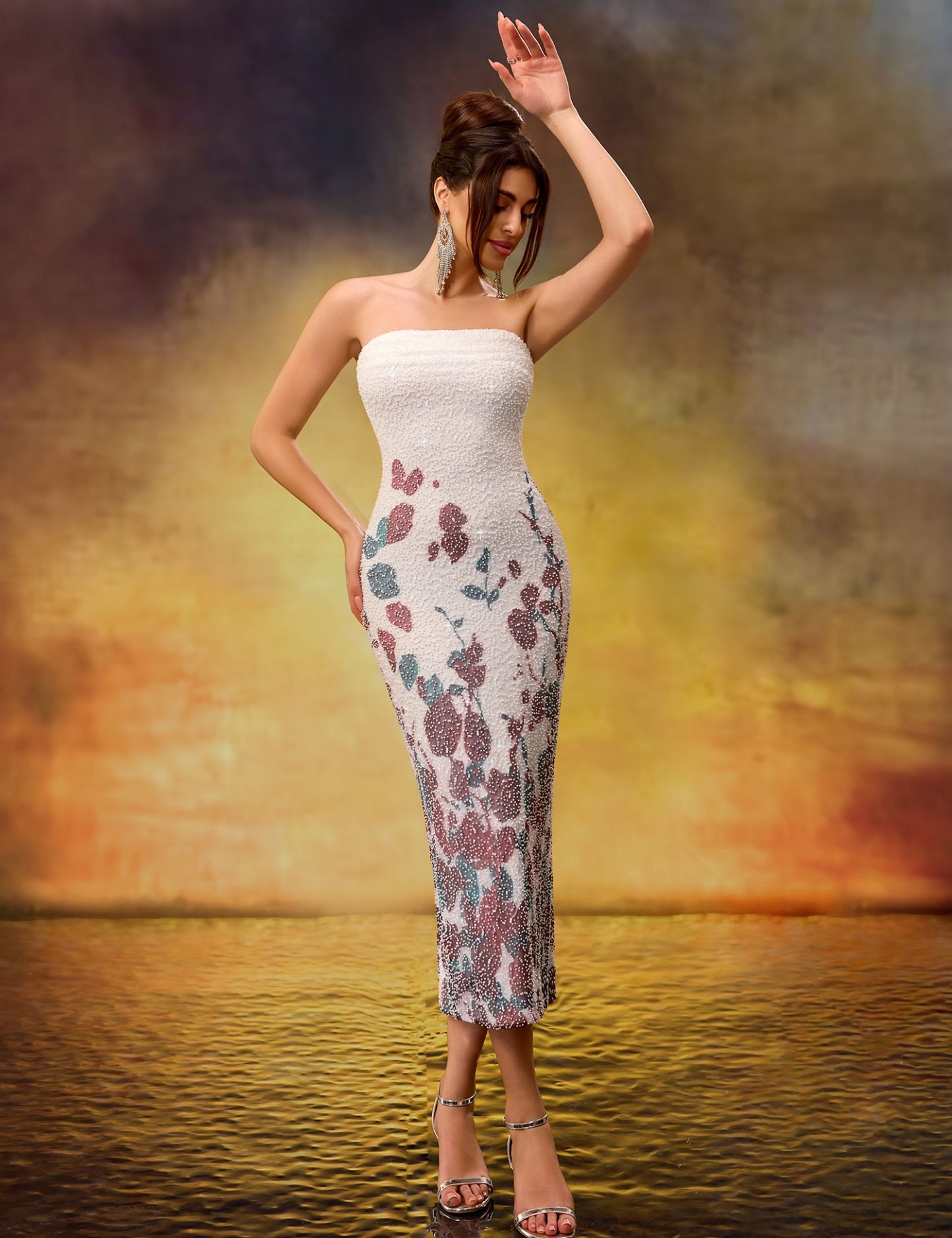 Heavy Beaded Embroidered Slim-Fit Stretch Mid-Length Strapless Dress with White Base and Prints