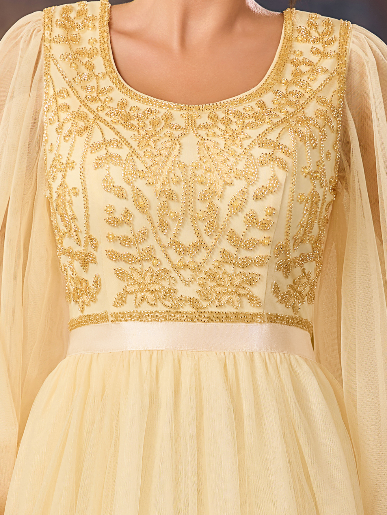 Modecrush Women's Beaded A Swing Dress Elegant Tulle Flowing Evening Dress For Wedding Guest Formal Evening Birthday Party