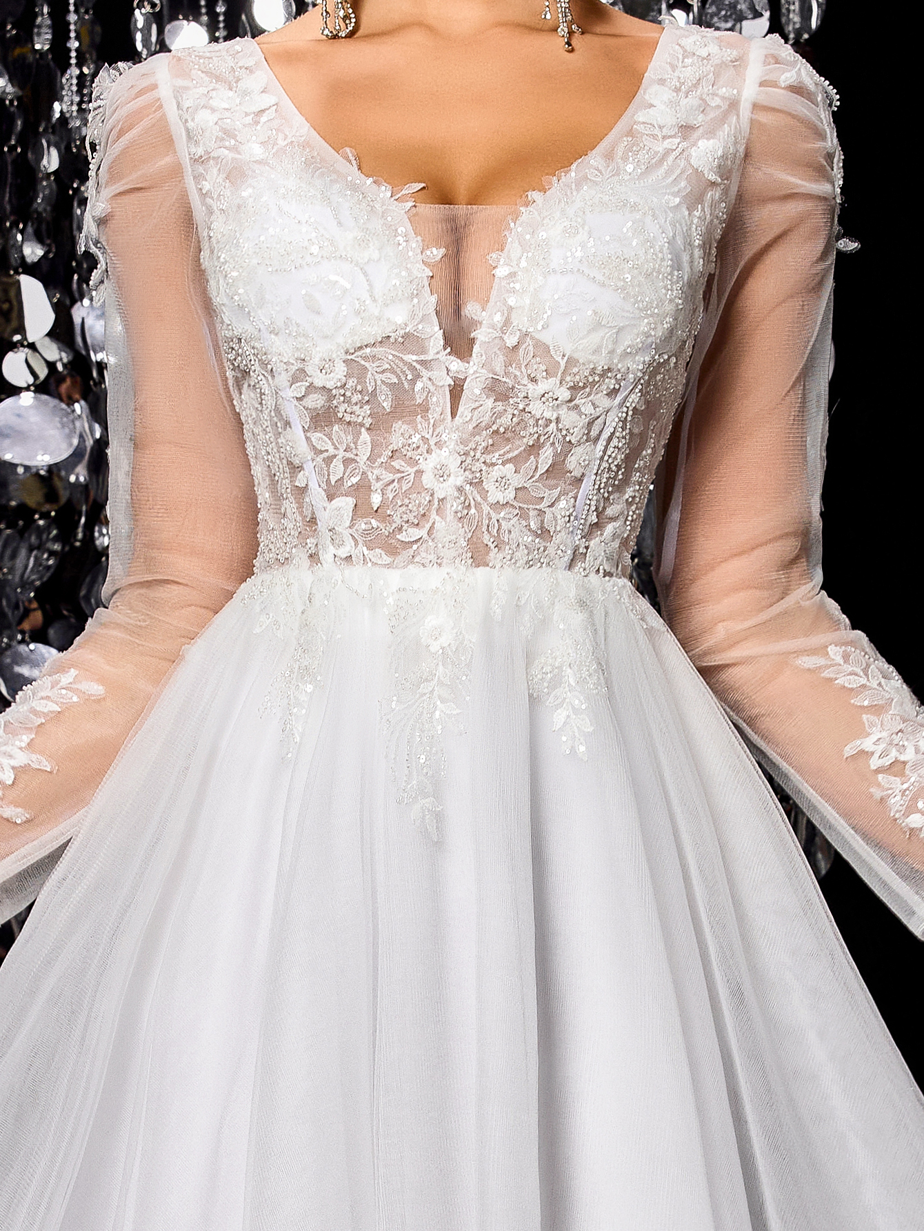 Modecrush White elegant exquisite off-shoulder mesh wedding dress A-line long train beaded embroidered bridal gown