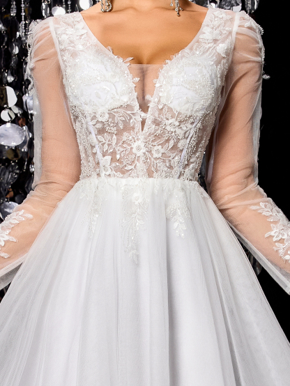 Modecrush White elegant exquisite off-shoulder mesh wedding dress A-line long train beaded embroidered bridal gown