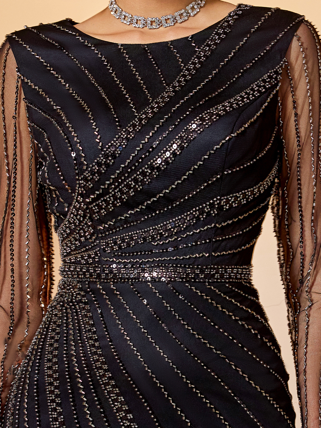 Modecrush Women's Elegant Black Beaded Wedding Guest Dress - Long Sleeve Striped Maxi Dress with Flowy Hem