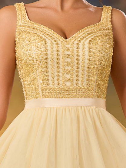 Modecrush Women's Sequins Sparkling A Swing Dress Elegant V-neck Tulle Flutter Evening Dress For Wedding Guest Formal Evening Birthday Party