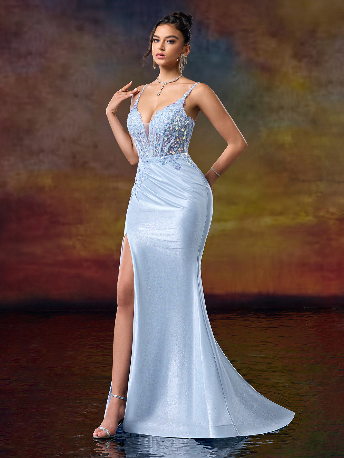Light Blue Sequin Spaghetti - Strap Mermaid Gown, Open - Back Lacing Design, High - Slit Skirt, Ideal for Glamorous, Shining and Dreamy Occasions like Galas and Balls