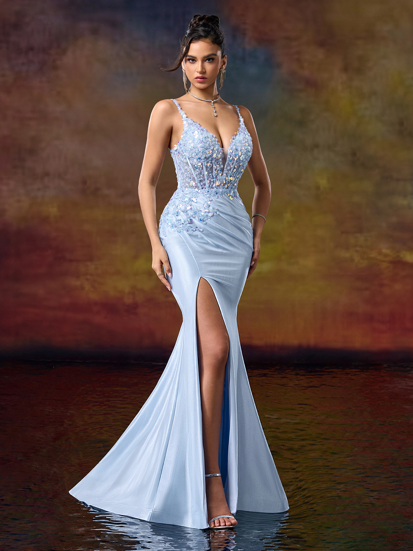 Light Blue Sequin Spaghetti - Strap Mermaid Gown, Open - Back Lacing Design, High - Slit Skirt, Ideal for Glamorous, Shining and Dreamy Occasions like Galas and Balls