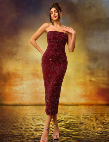 Elegant Heavy-Duty Strapless Burgundy Stretch Mid-Length Dress