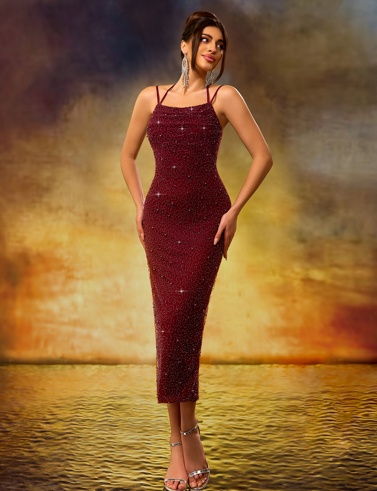 Elegant Heavy-Duty Burgundy Stretch Mid-Length Dress