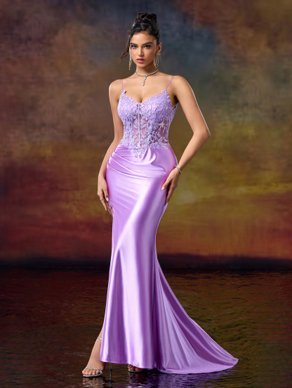 Modecrush Applique Sheath Spaghetti Split Thight Sweetheart Prom Dress Sparkling Sequin Applique Embroidered Gown Spring New Party Dress Prom Dress Cocktail Dress