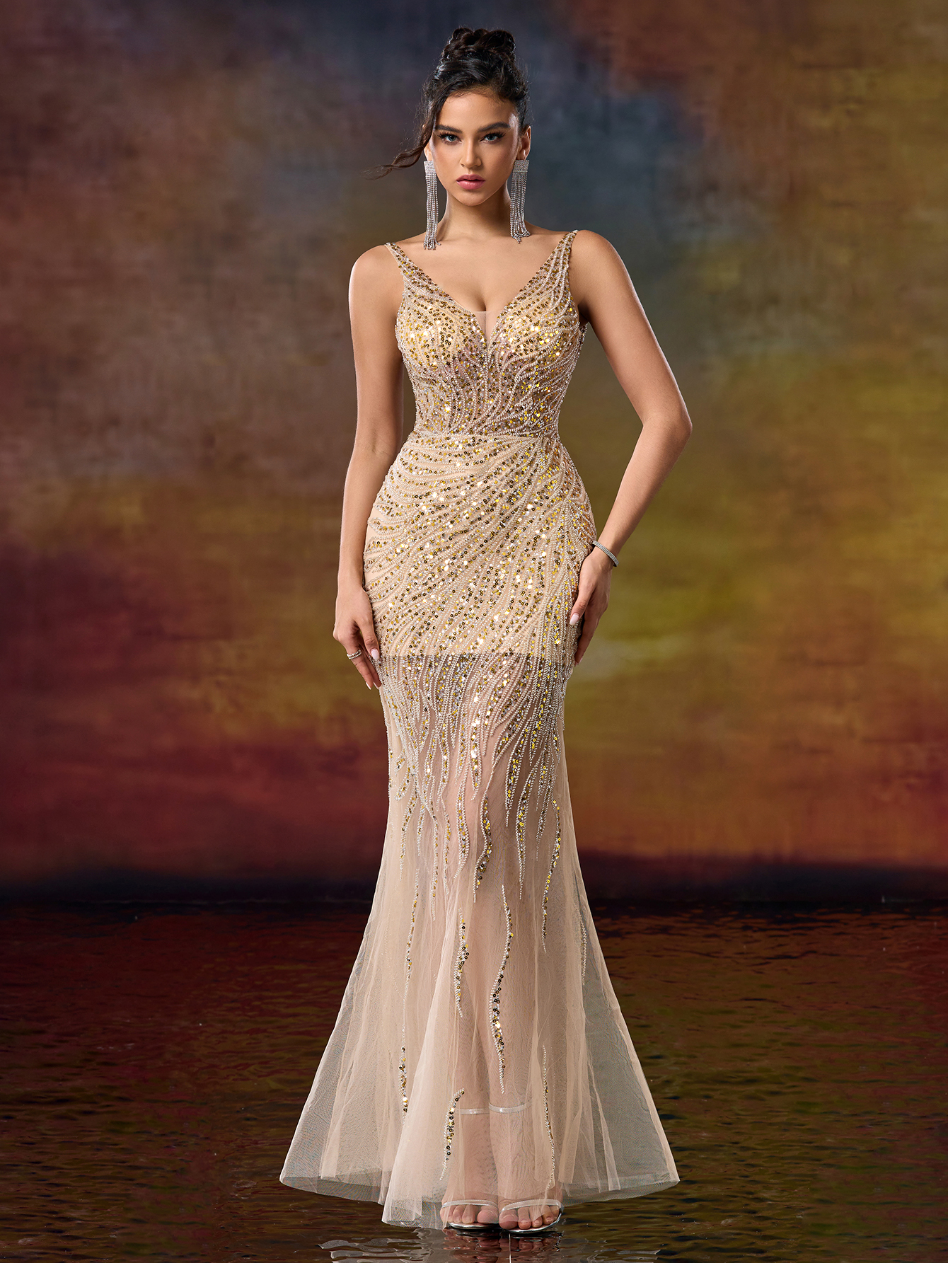 Modecrush V Neck Straps Column Beaded Prom Party Dress