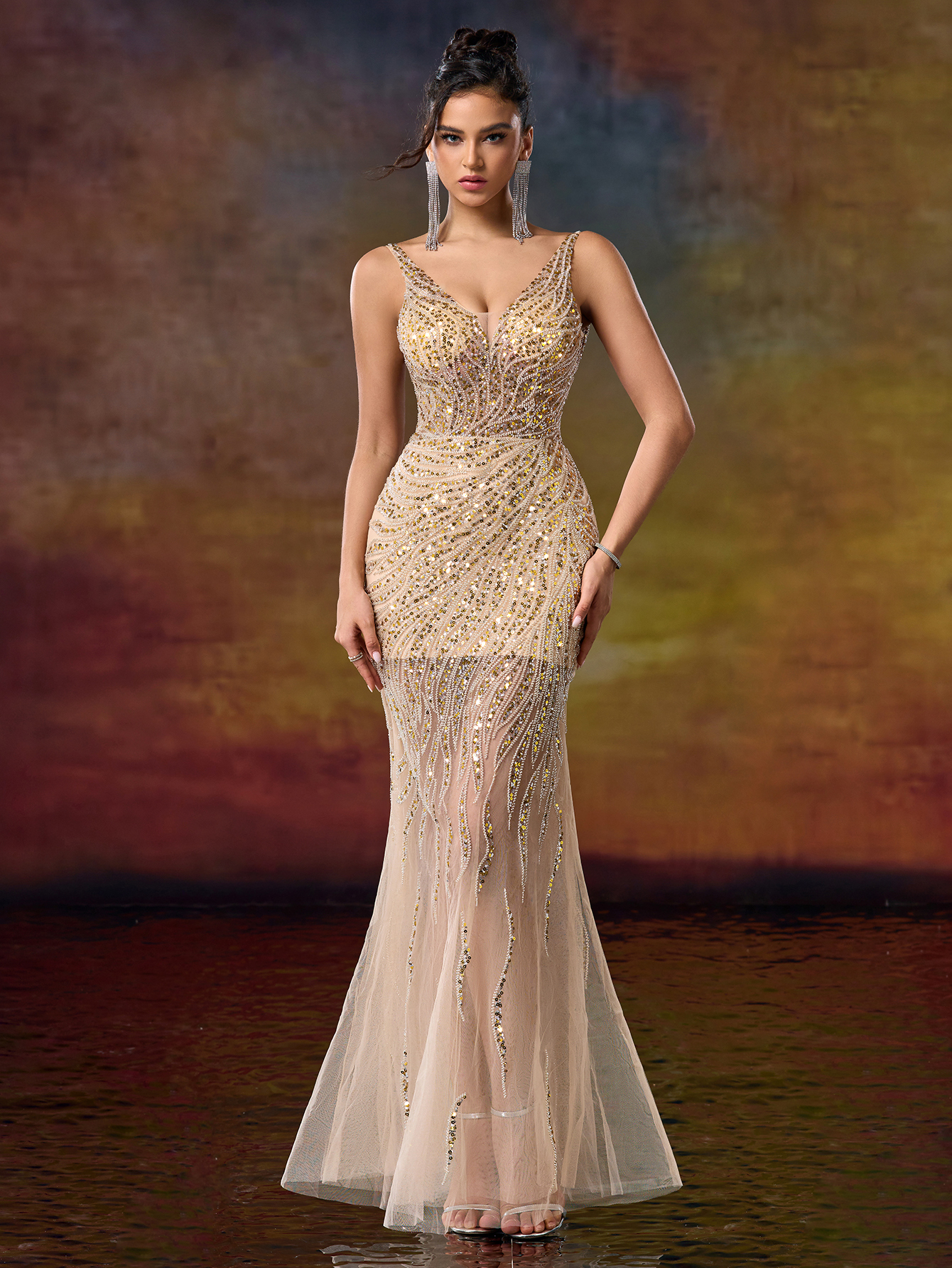 Modecrush V Neck Straps Column Beaded Prom Party Dress