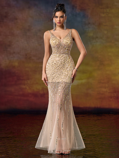 Modecrush V Neck Straps Column Beaded Prom Party Dress