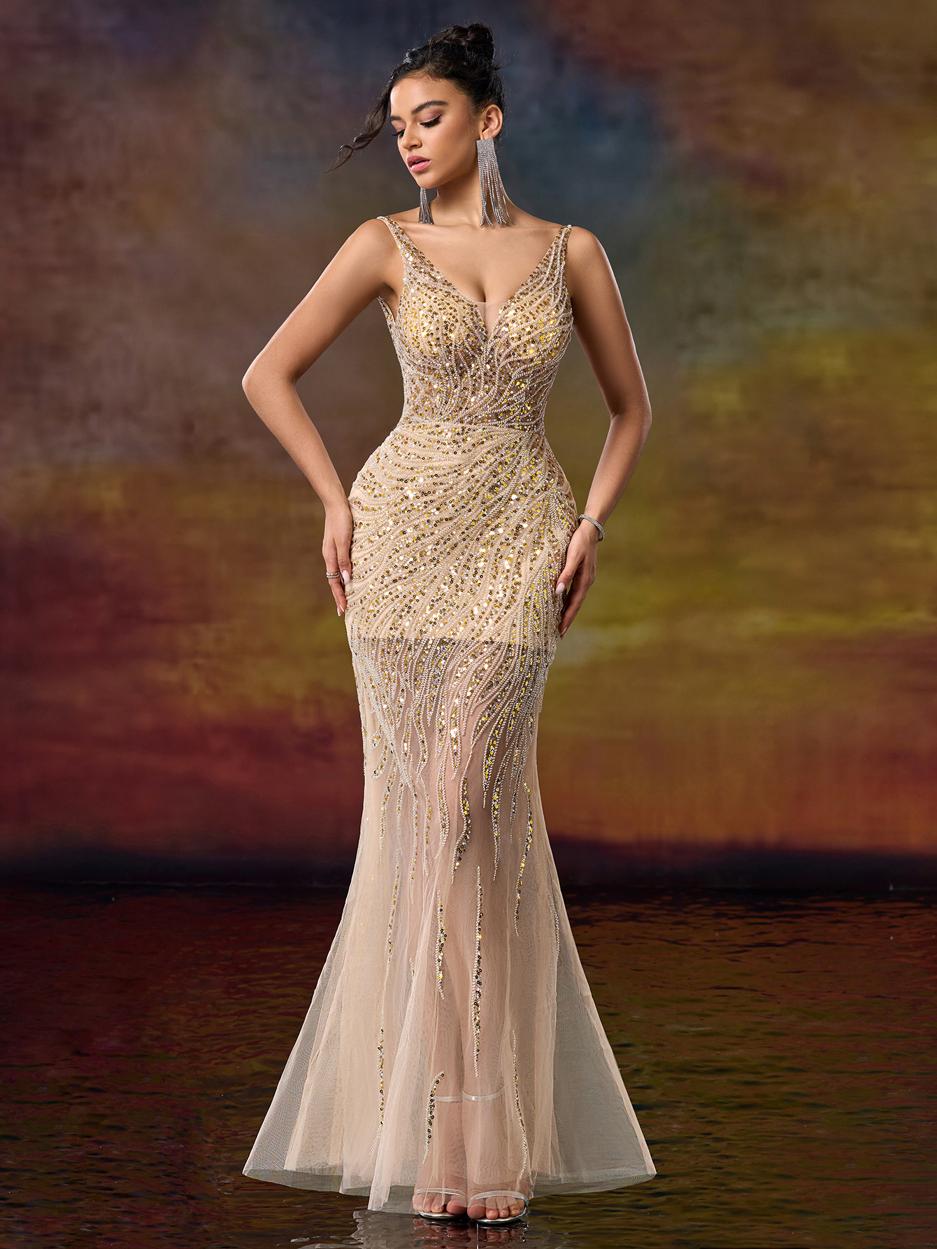 Modecrush V Neck Straps Column Beaded Prom Party Dress