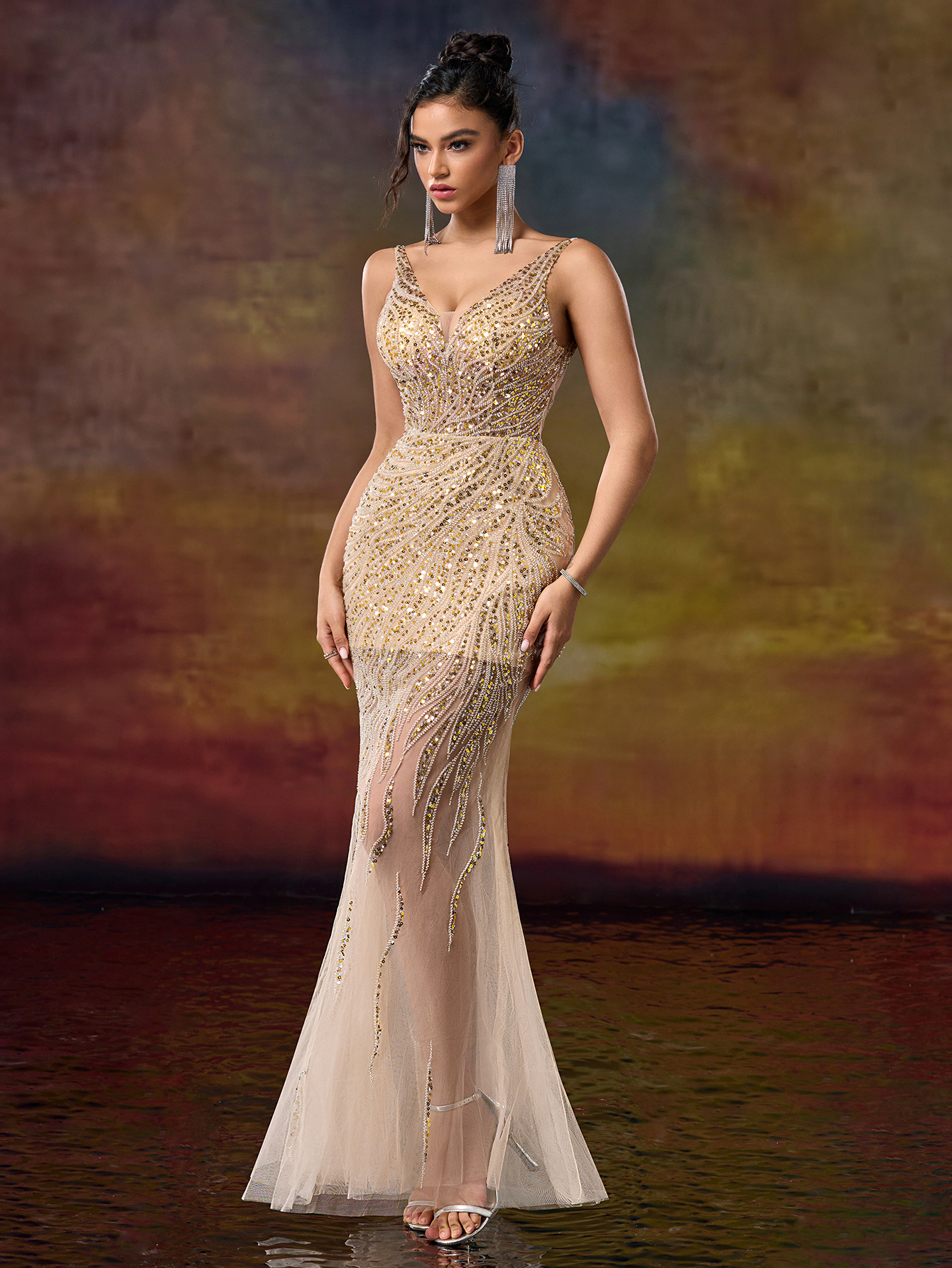 Modecrush V Neck Straps Column Beaded Prom Party Dress