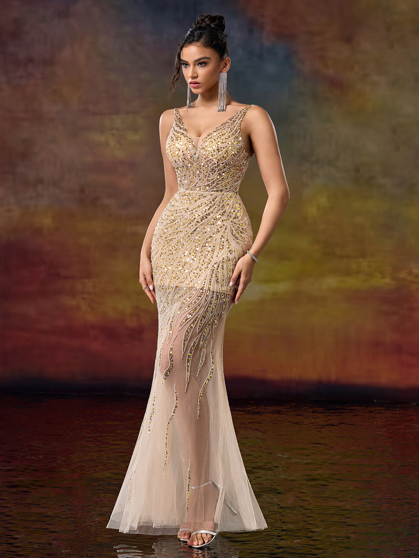 Modecrush V Neck Straps Column Beaded Prom Party Dress