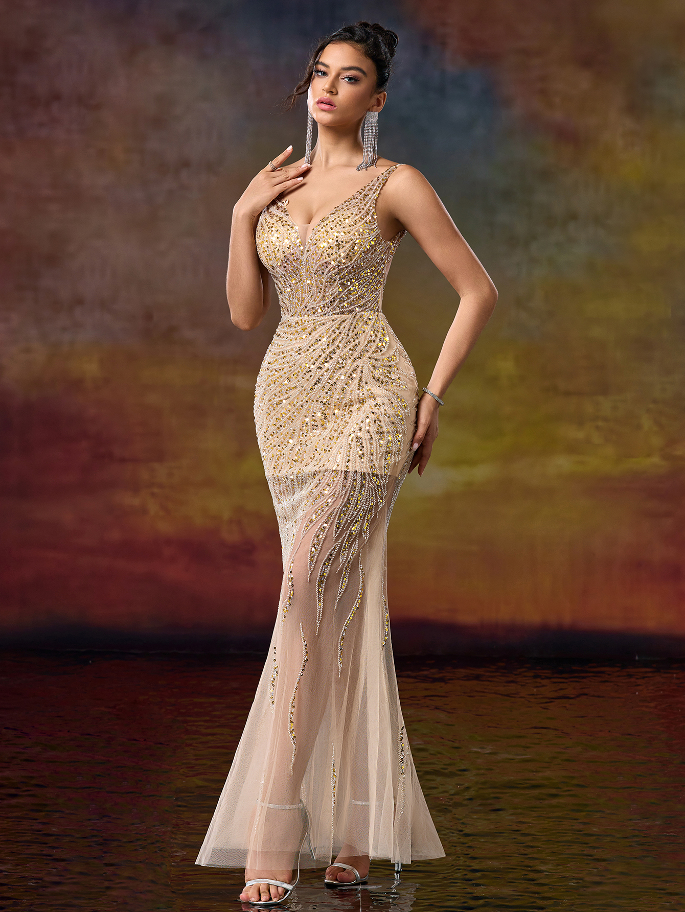 Modecrush V Neck Straps Column Beaded Prom Party Dress