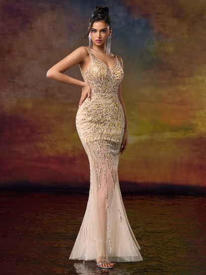 Modecrush V Neck Straps Column Beaded Prom Party Dress