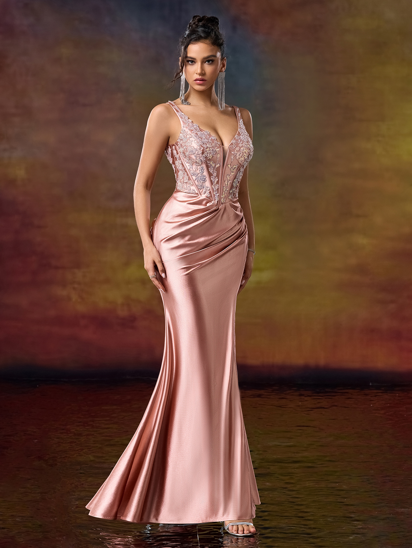 Elegant V-Neck Lace Embroidered Floral-Patterned Ruched High-Slit Mermaid Evening Gown