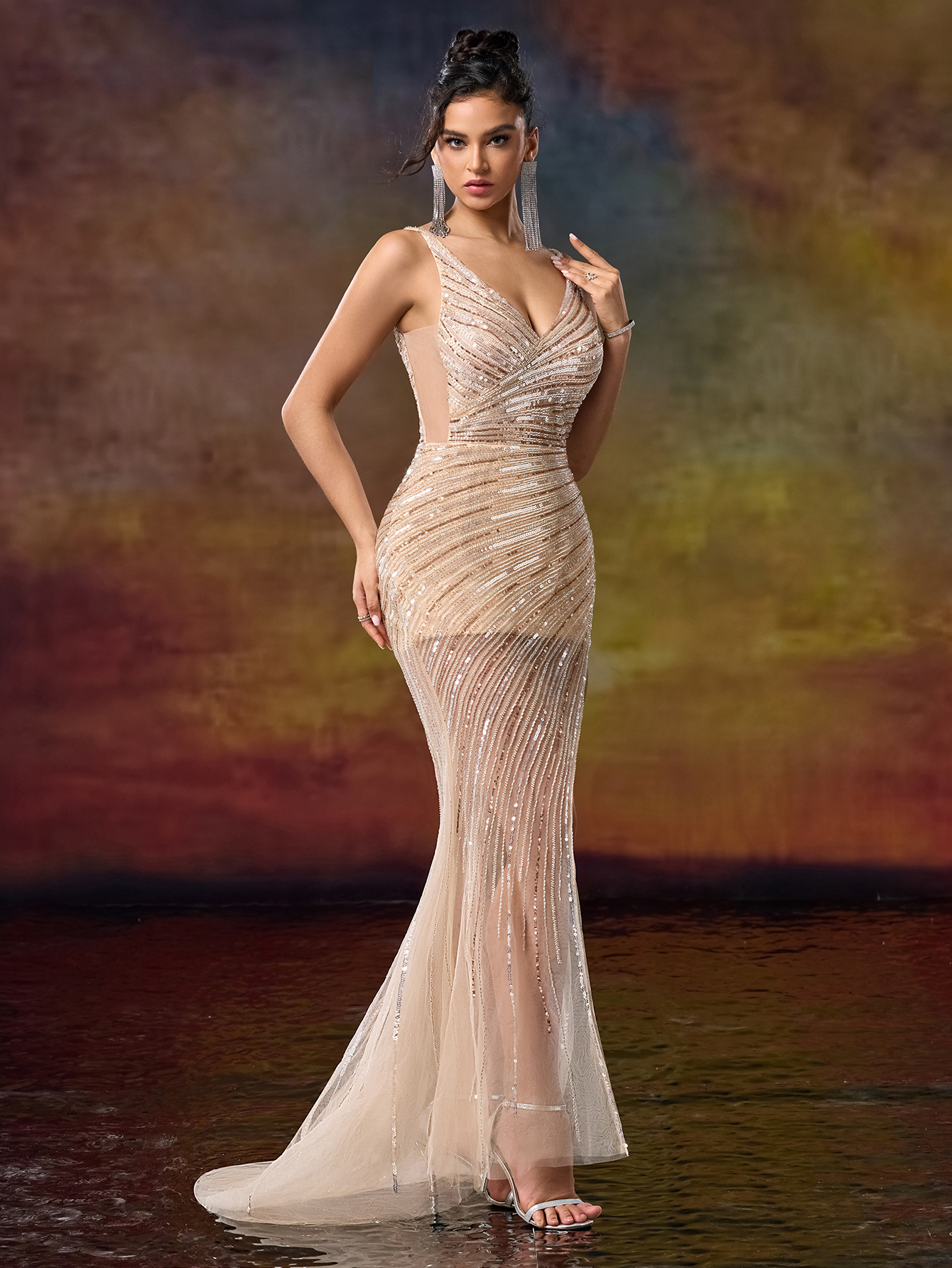 Modecrush Asymmetric V Neck Sequin Backless Prom Party Dress