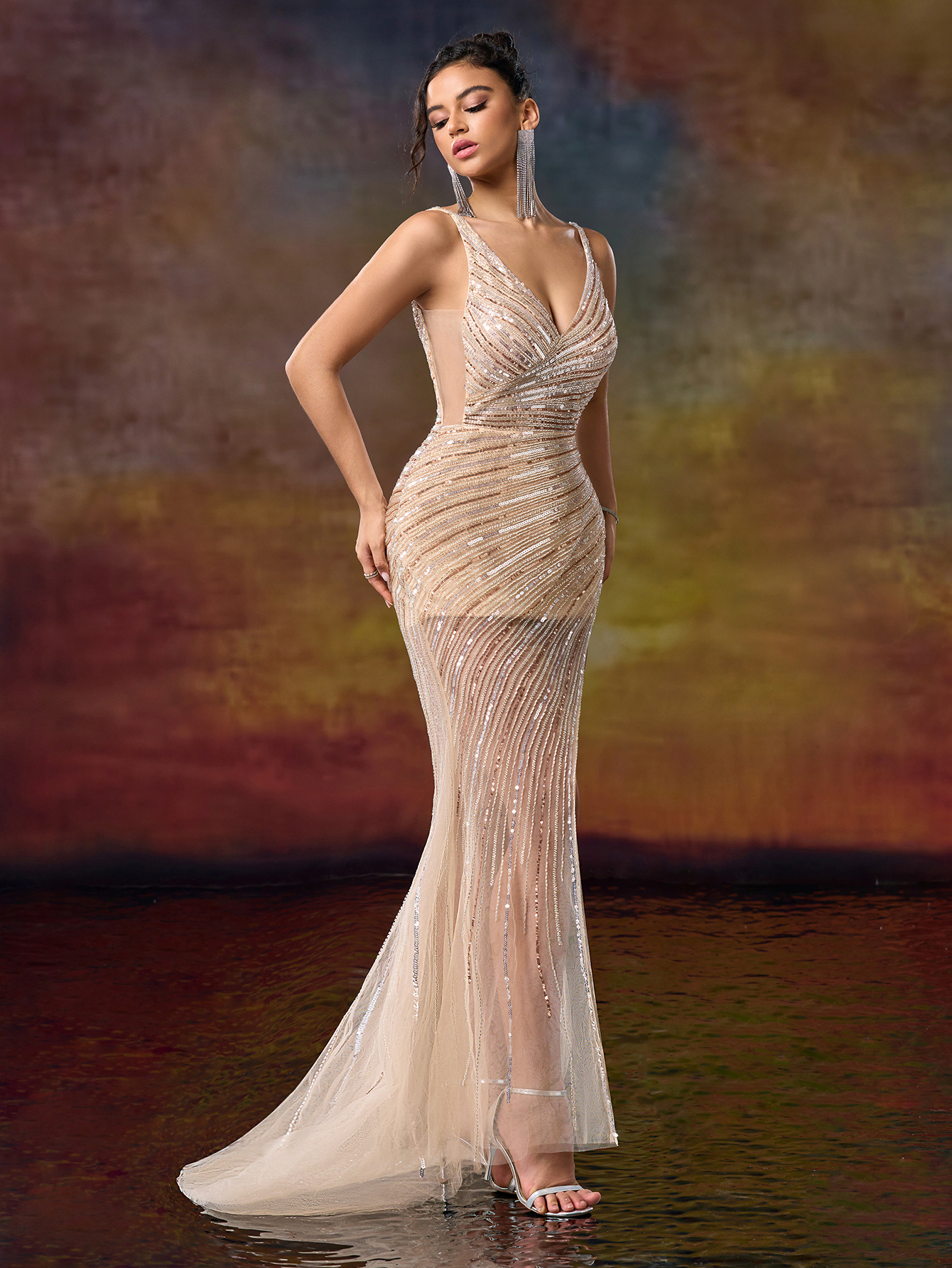 Modecrush Asymmetric V Neck Sequin Backless Prom Party Dress