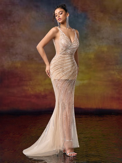 Modecrush Asymmetric V Neck Sequin Backless Prom Party Dress