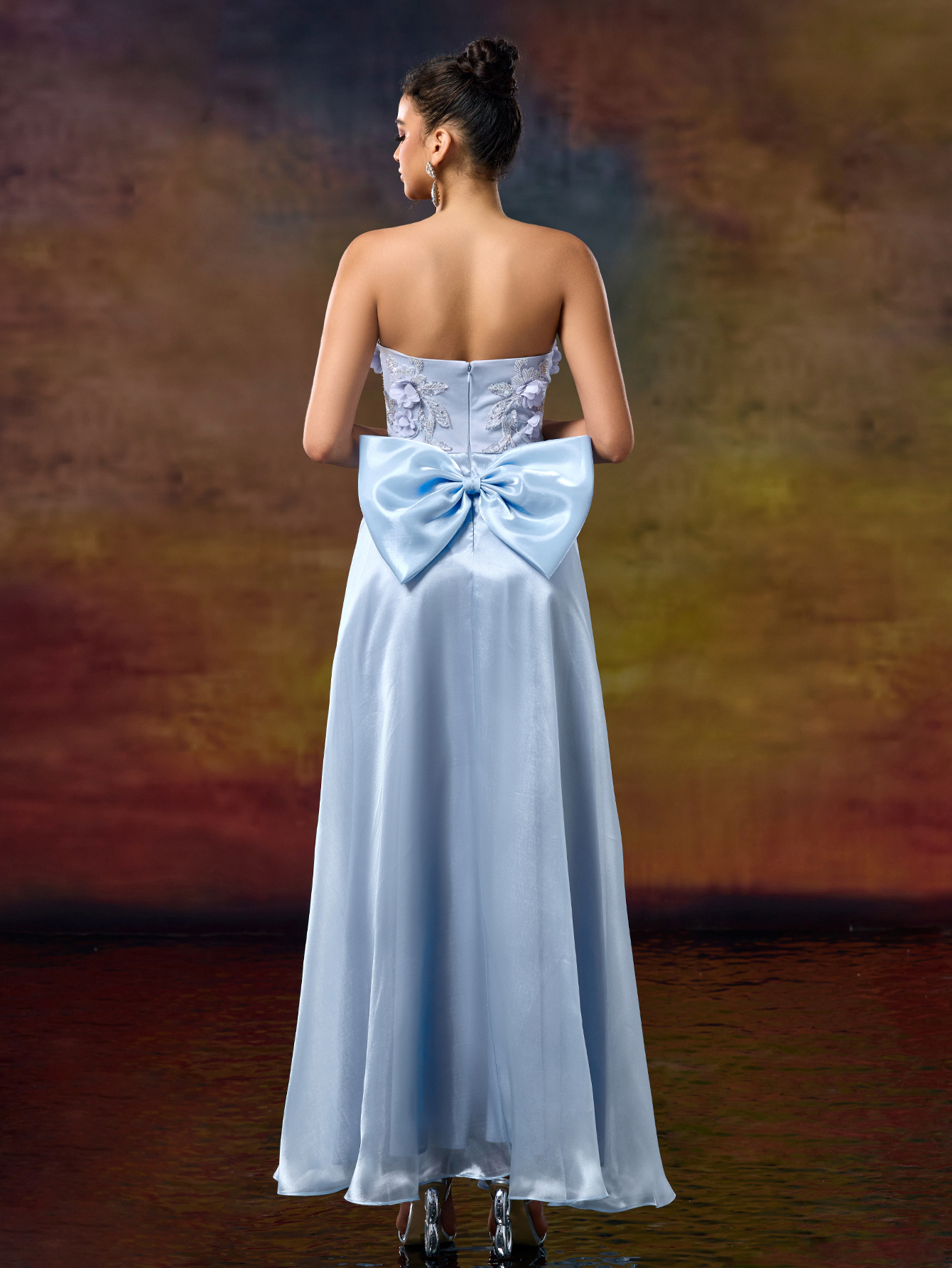 Modecrush A Line Sweetheart 3D Flower Applique Evening Party Dress Bow Tie Waist Prom Dresses