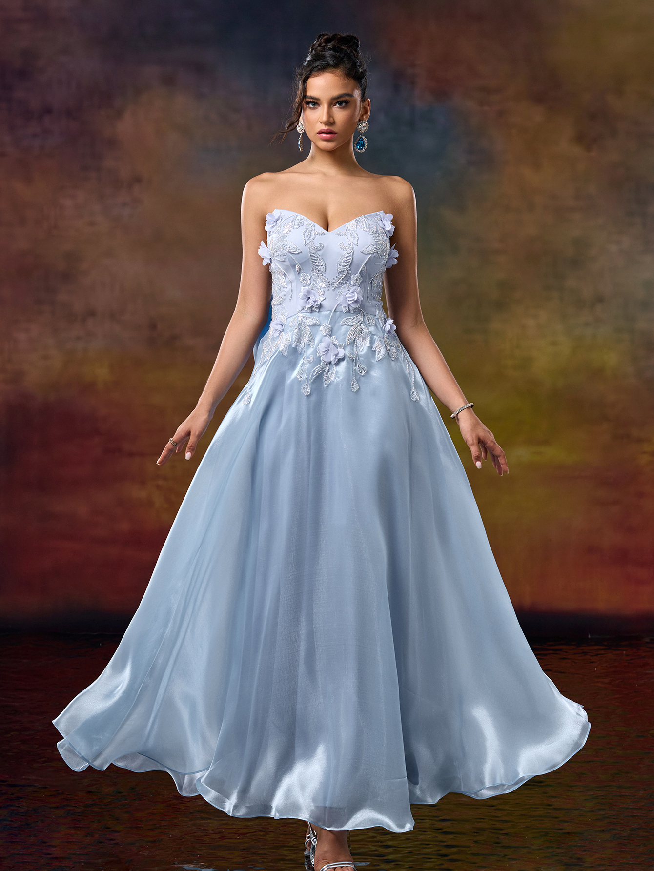 Modecrush A Line Sweetheart 3D Flower Applique Evening Party Dress Bow Tie Waist Prom Dresses