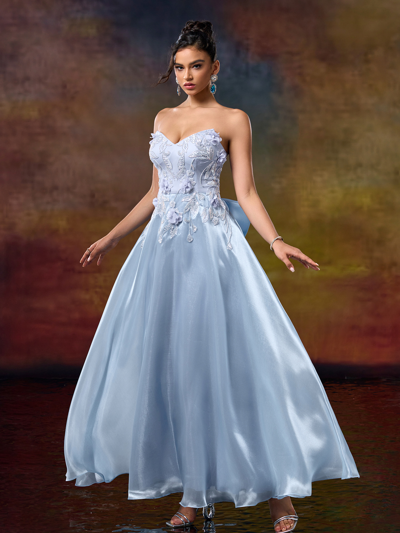 Modecrush A Line Sweetheart 3D Flower Applique Evening Party Dress Bow Tie Waist Prom Dresses