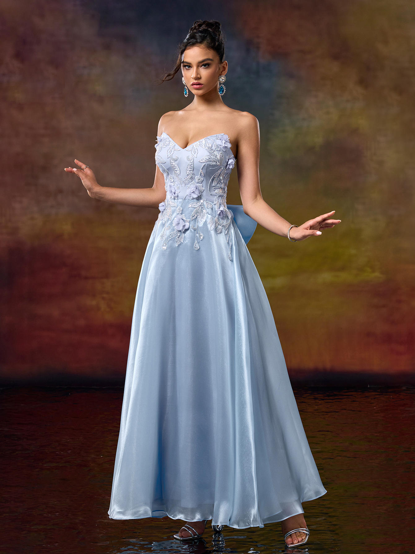 Modecrush A Line Sweetheart 3D Flower Applique Evening Party Dress Bow Tie Waist Prom Dresses