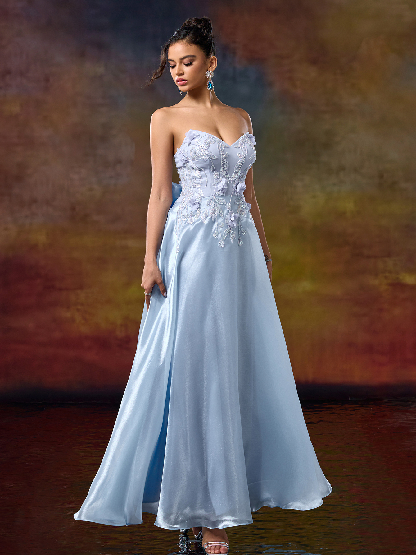 Modecrush A Line Sweetheart 3D Flower Applique Evening Party Dress Bow Tie Waist Prom Dresses