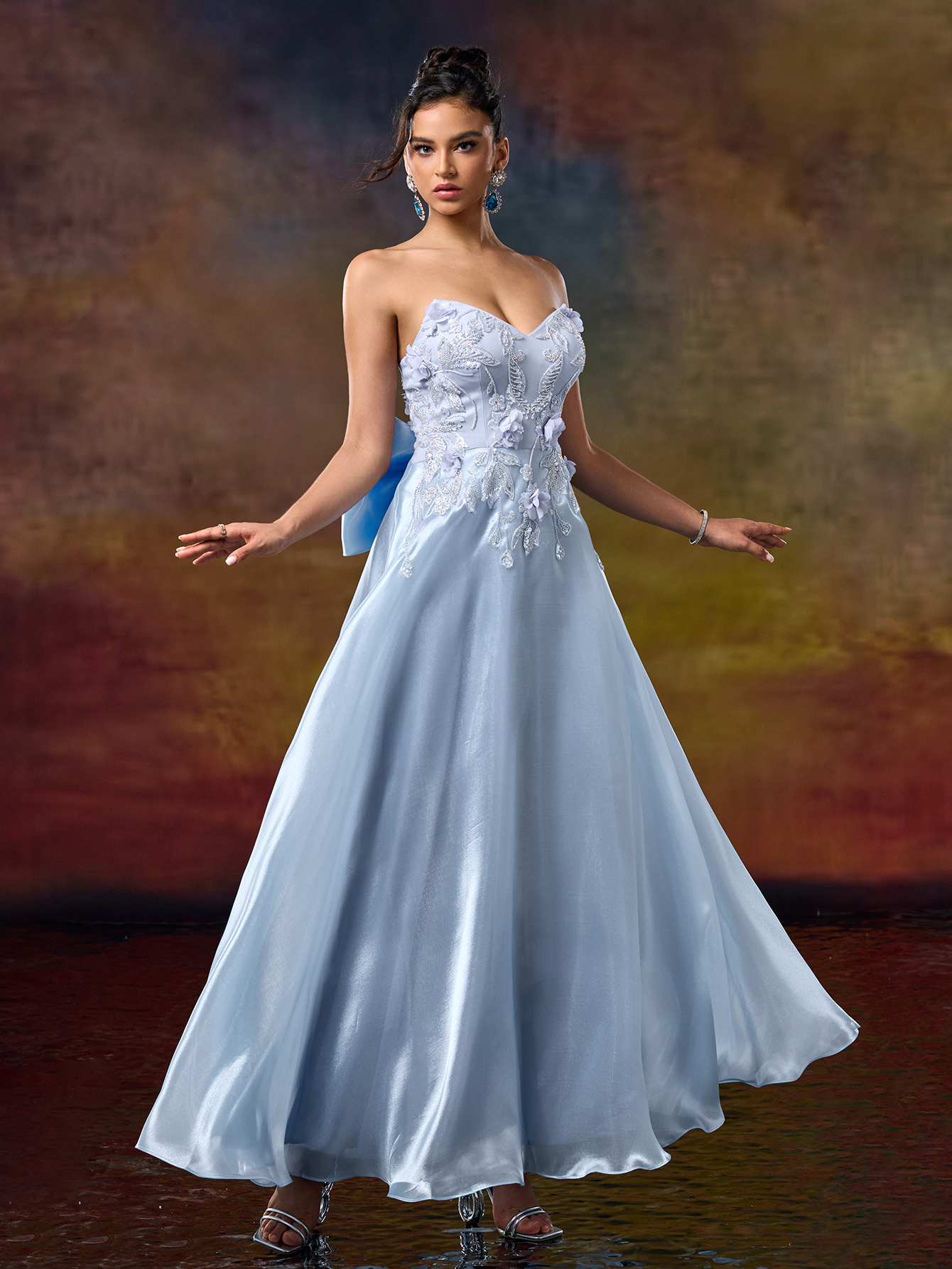 Modecrush A Line Sweetheart 3D Flower Applique Evening Party Dress Bow Tie Waist Prom Dresses