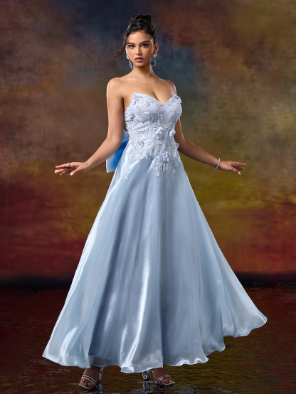 Modecrush A Line Sweetheart 3D Flower Applique Evening Party Dress Bow Tie Waist Prom Dresses