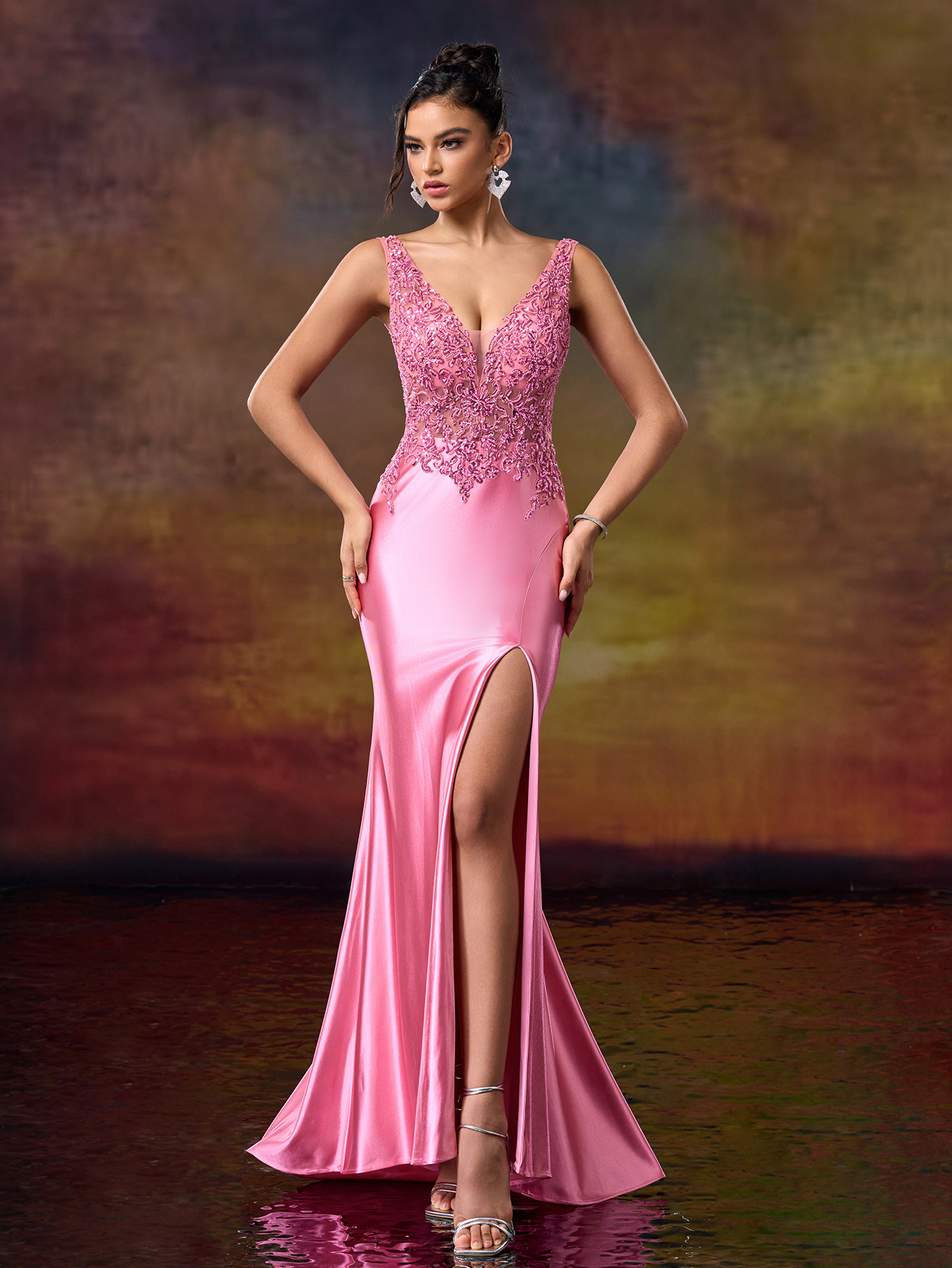 Modecrush women's V-Neck Sleeveless Split Hem Simple Long Formal Evening Gown (Heavy-Duty Craftsmanship)