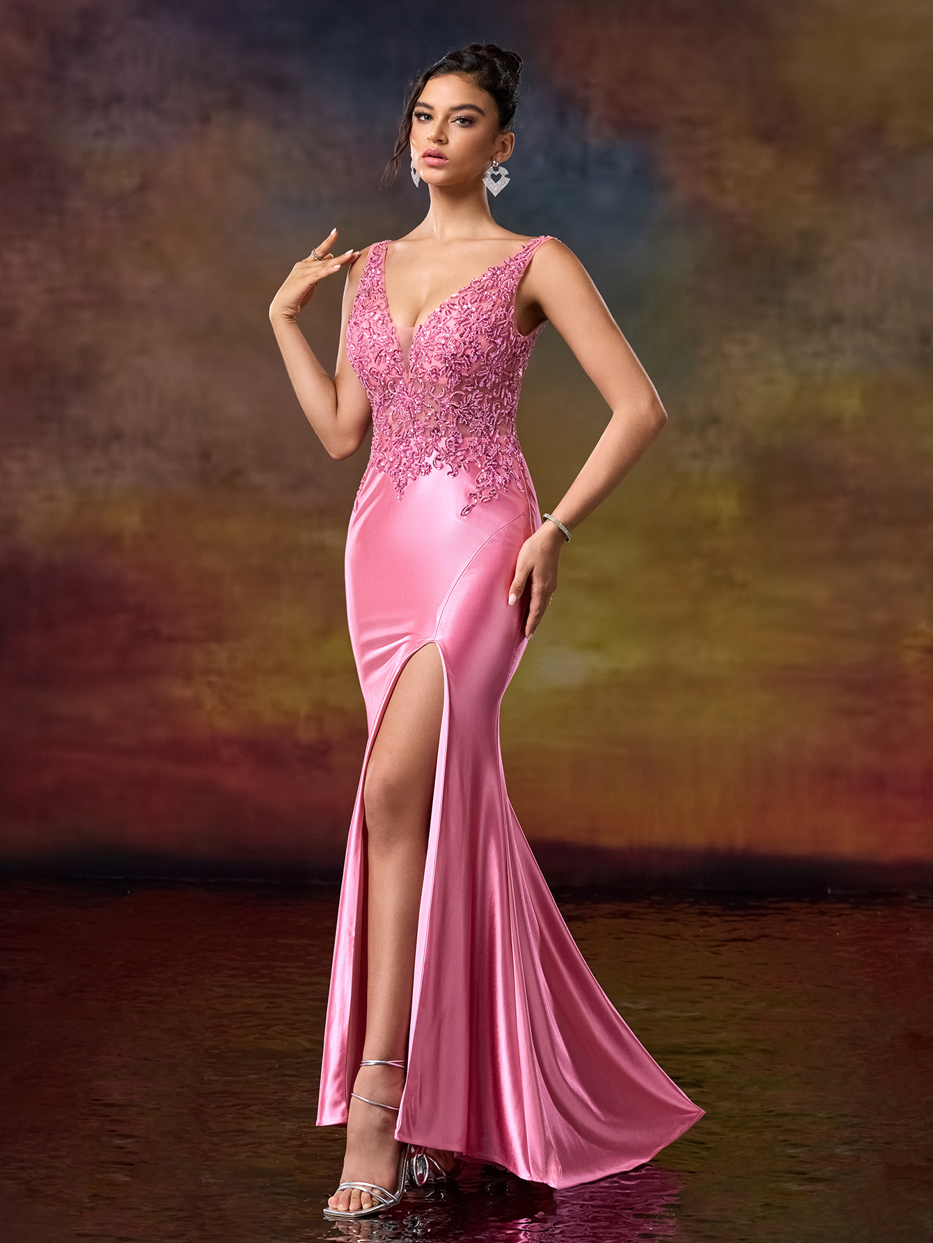 Modecrush women's V-Neck Sleeveless Split Hem Simple Long Formal Evening Gown (Heavy-Duty Craftsmanship)