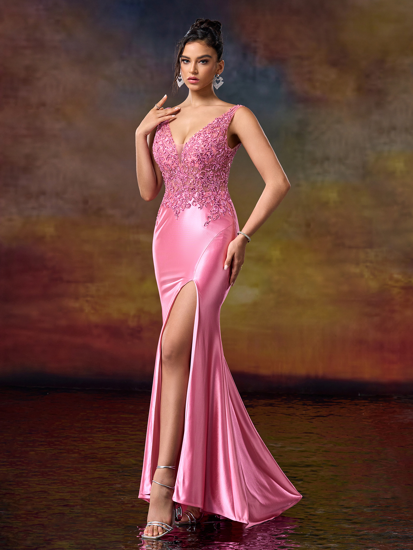 Modecrush women's V-Neck Sleeveless Split Hem Simple Long Formal Evening Gown (Heavy-Duty Craftsmanship)