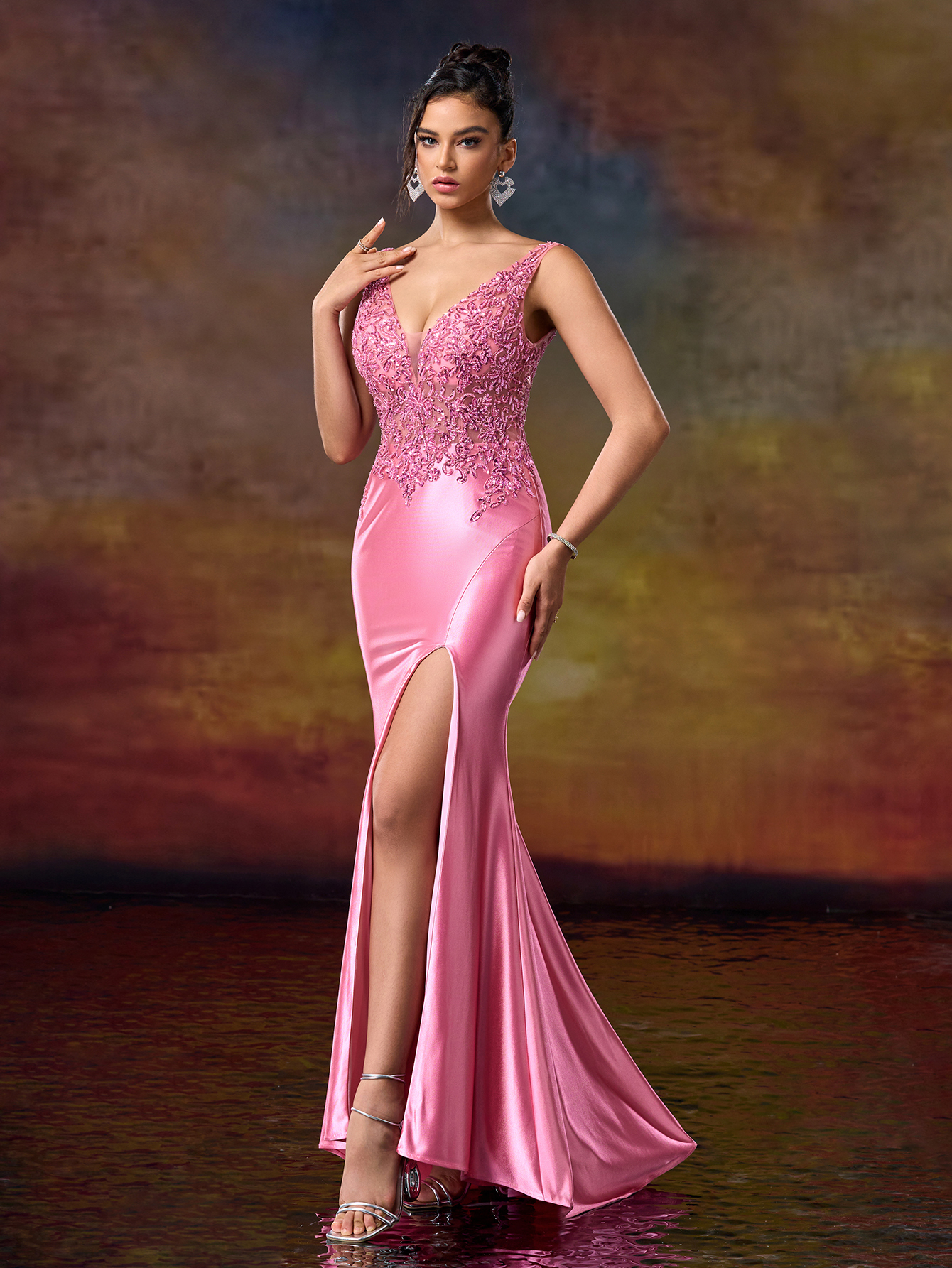 Modecrush women's V-Neck Sleeveless Split Hem Simple Long Formal Evening Gown (Heavy-Duty Craftsmanship)