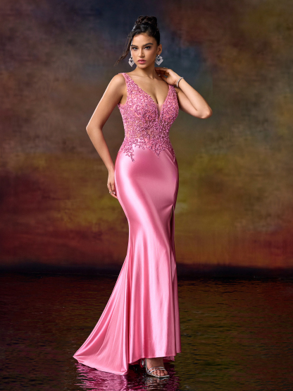 Modecrush women's V-Neck Sleeveless Split Hem Simple Long Formal Evening Gown (Heavy-Duty Craftsmanship)