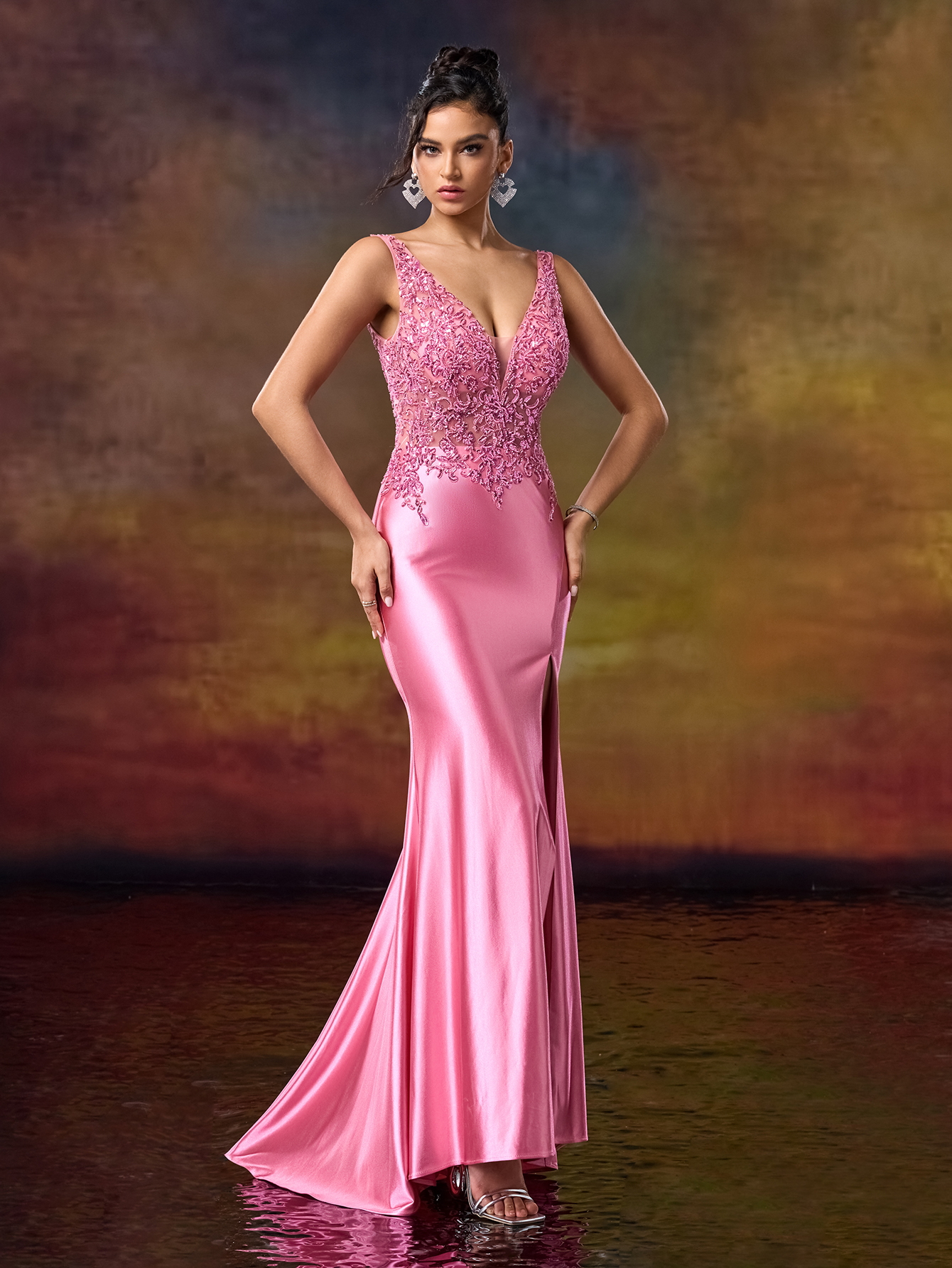 Modecrush women's V-Neck Sleeveless Split Hem Simple Long Formal Evening Gown (Heavy-Duty Craftsmanship)