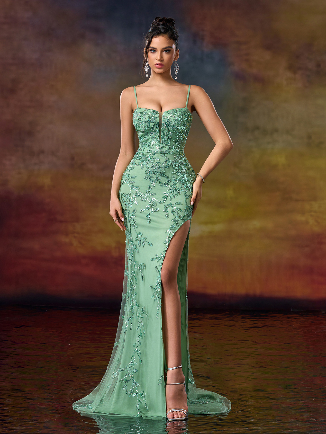 Modecrush fresh and Vibrant Spaghetti Shoulder Dresses Beaded Flower Embroidered Evening Gowns
