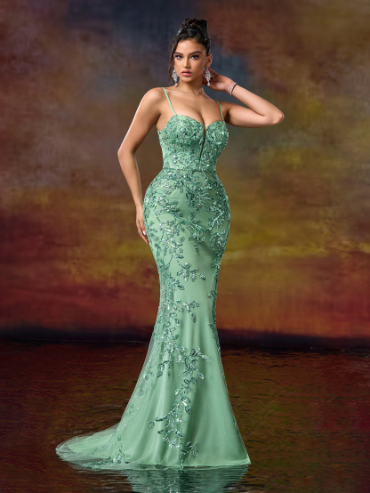 Modecrush fresh and Vibrant Spaghetti Shoulder Dresses Beaded Flower Embroidered Evening Gowns