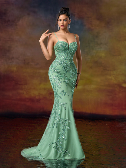Modecrush fresh and Vibrant Spaghetti Shoulder Dresses Beaded Flower Embroidered Evening Gowns