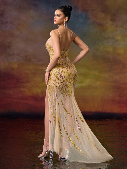 Modecrush Column Spaghetti Sweetheart Neckline Beaded Sexy Evening Party Dress