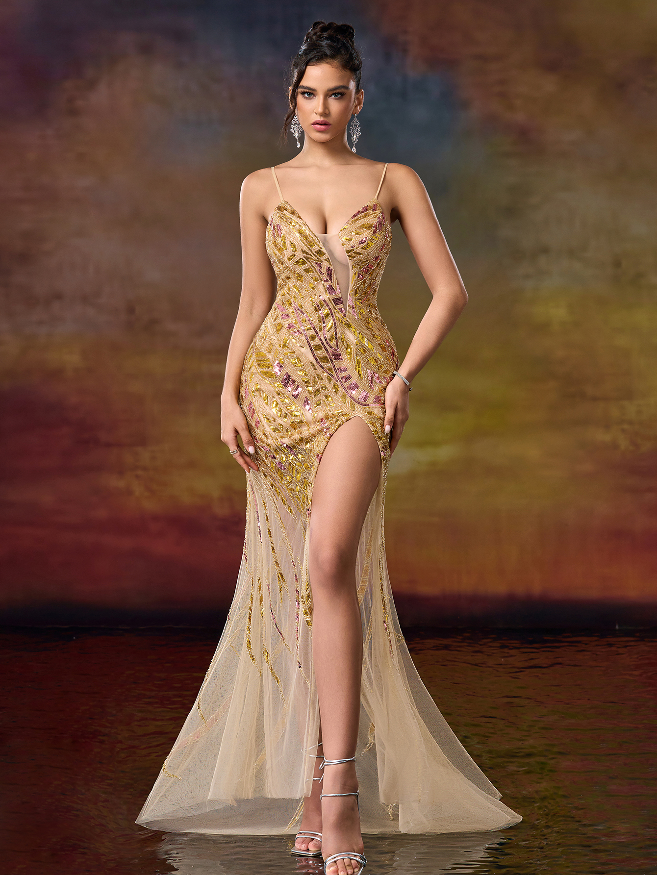 Modecrush Column Spaghetti Sweetheart Neckline Beaded Sexy Evening Party Dress