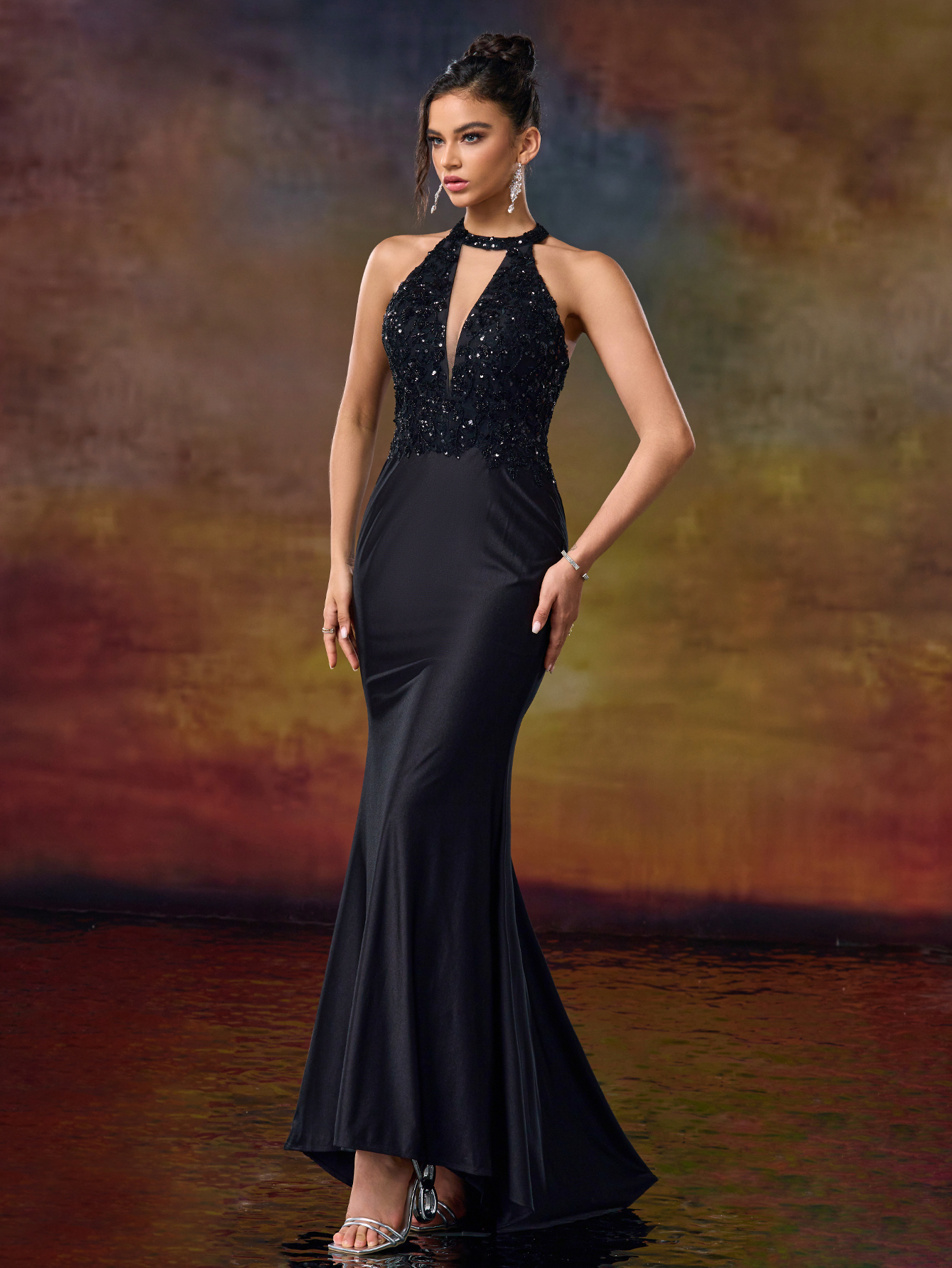 Modecrush Sparkling Beaded Halter Mermaid Dress - Formal Occasion Elegance