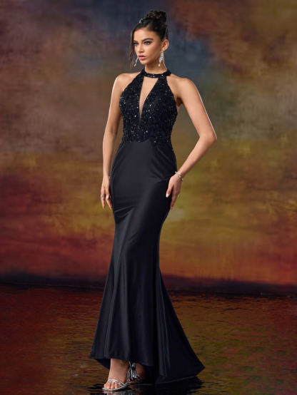 Modecrush Sparkling Beaded Halter Mermaid Dress - Formal Occasion Elegance