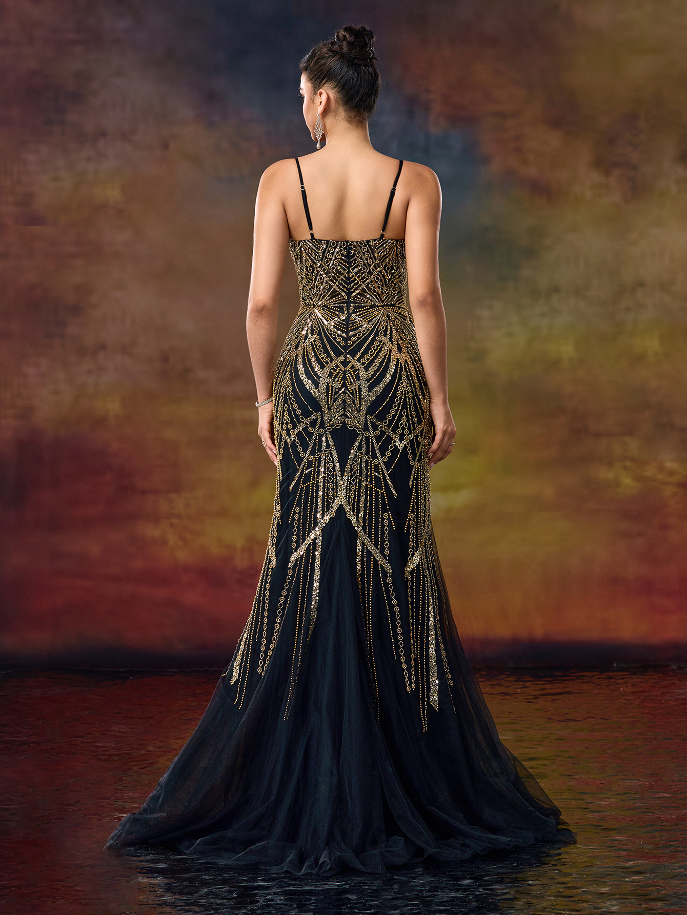 Heavyly Beaded Silver Mermaid Gown with Spaghetti Straps