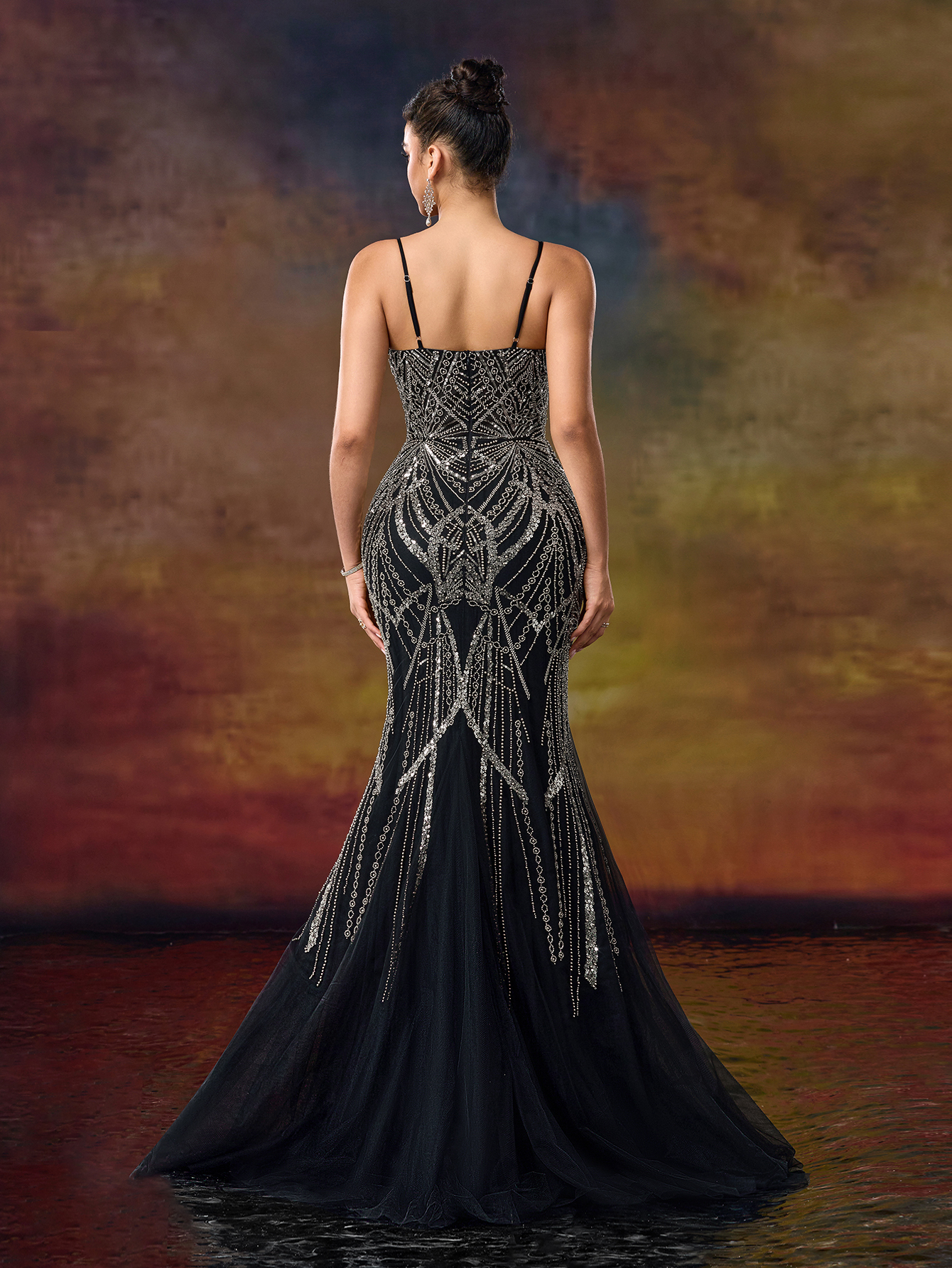 Modecrush Sparkling Full Beaded Sequin Party Dress Luxurious Column Spaghetti Straps V-Neck Evening Dress Party Wear