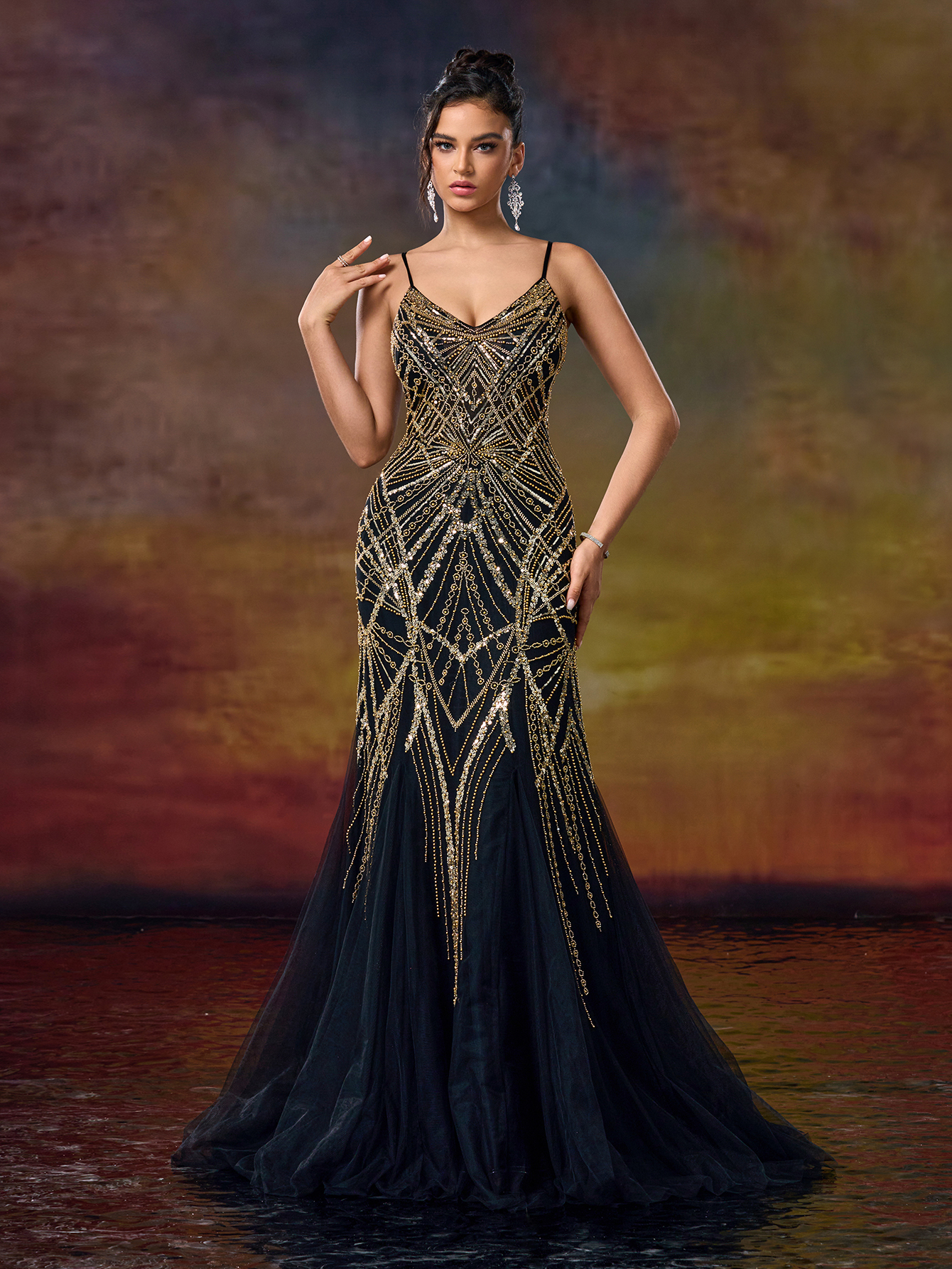 Heavyly Beaded Silver Mermaid Gown with Spaghetti Straps