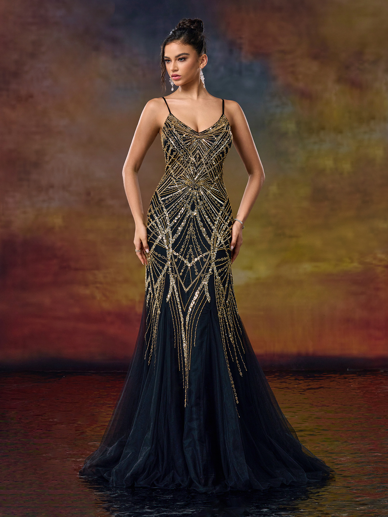 Heavyly Beaded Silver Mermaid Gown with Spaghetti Straps