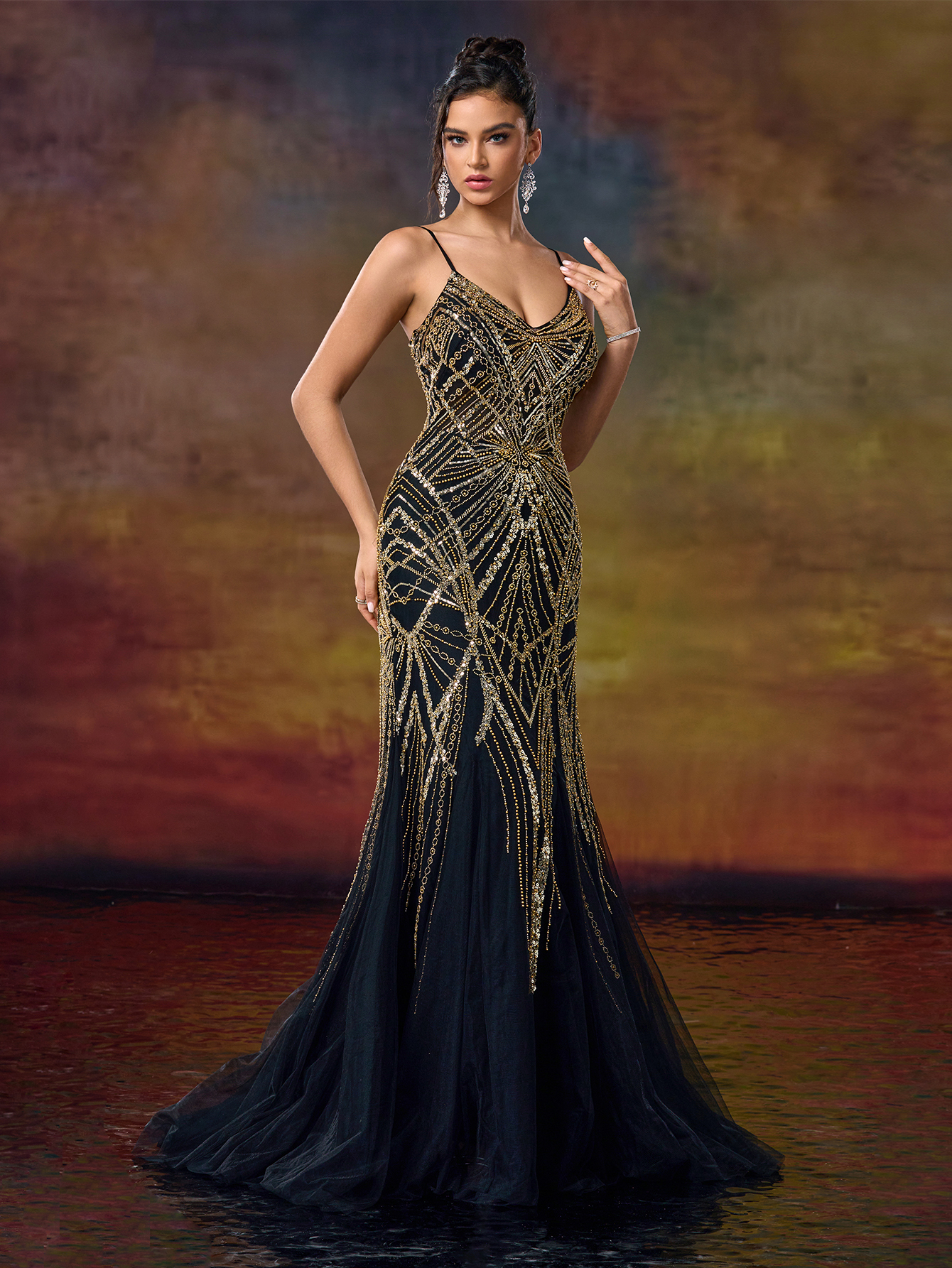 Heavyly Beaded Silver Mermaid Gown with Spaghetti Straps