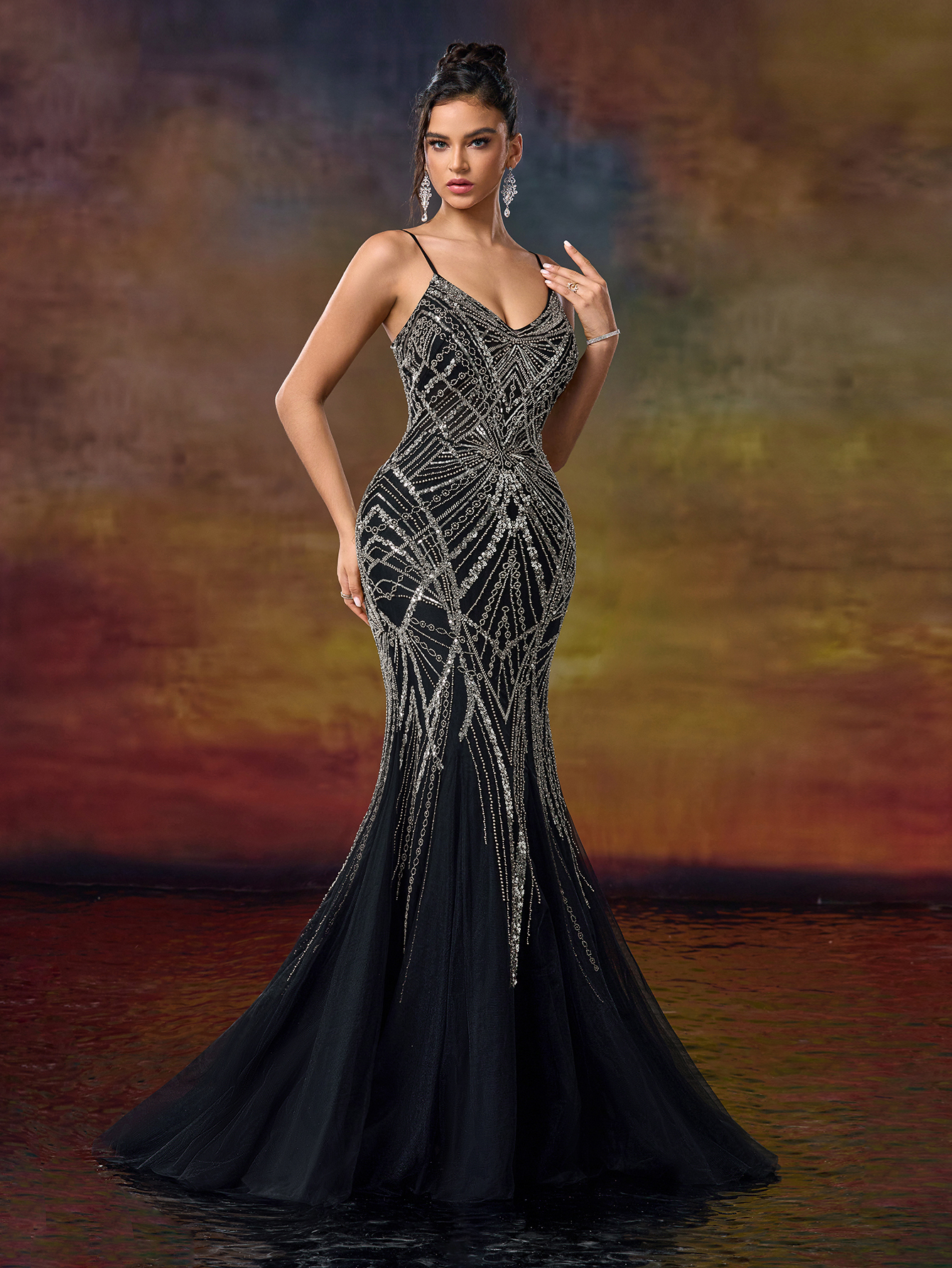 Modecrush Sparkling Full Beaded Sequin Party Dress Luxurious Column Spaghetti Straps V-Neck Evening Dress Party Wear